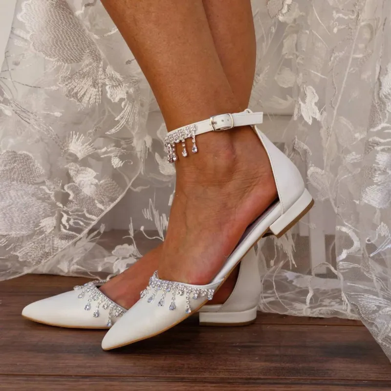 White Crystal Ankle Strap Pointy Flat Shoes 708270132734 sold by Cocomelody