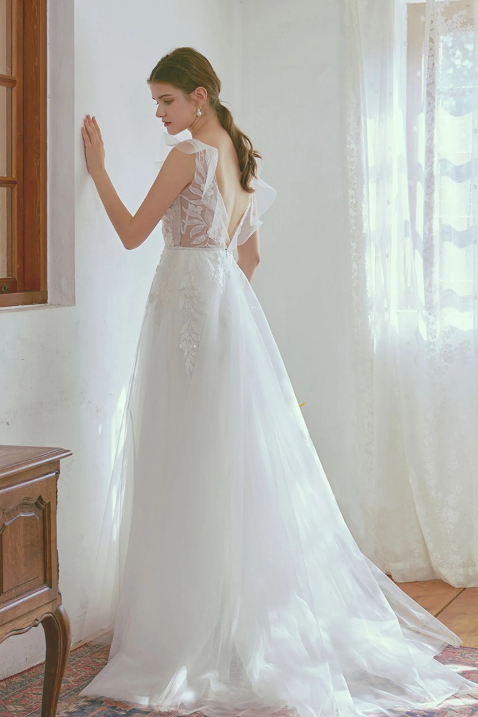 A-Line Floor Length Lace Tulle Wedding Dress CW2665 sold by Cocomelody product image thumbnail 2