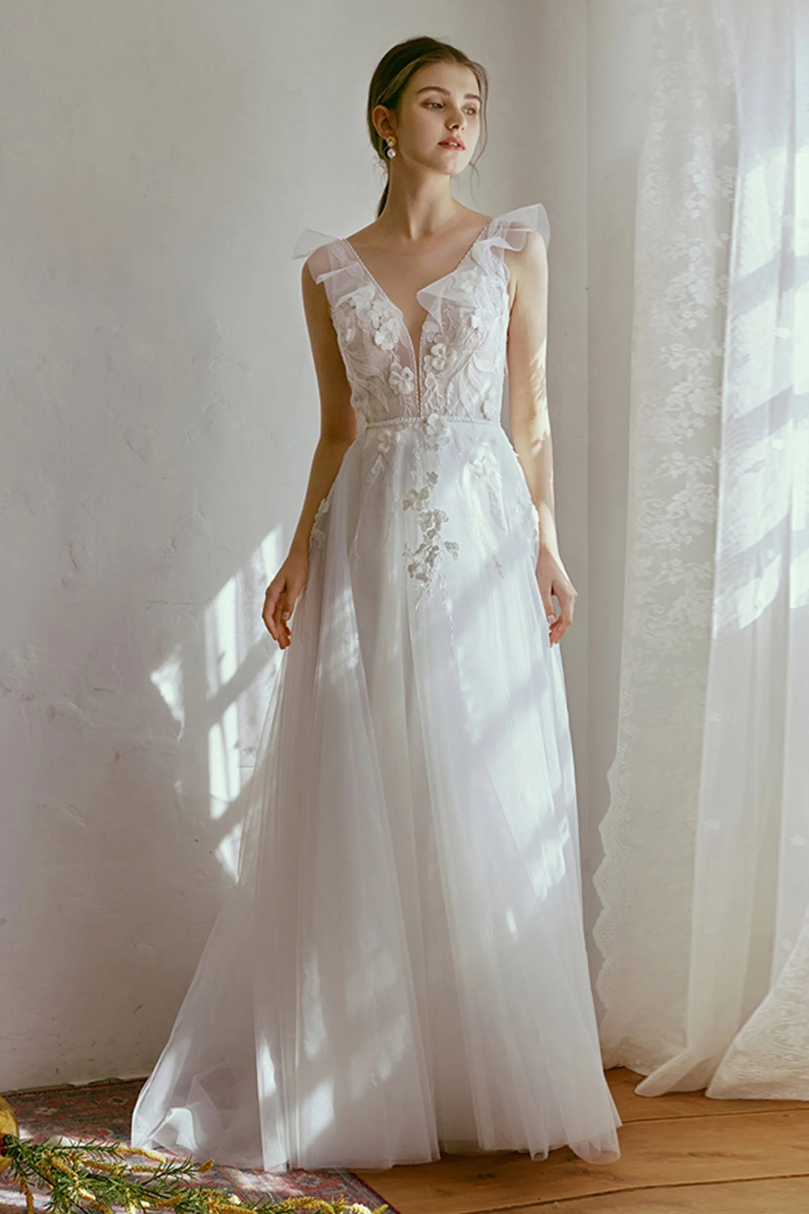 A-Line Floor Length Lace Tulle Wedding Dress CW2665 sold by Cocomelody