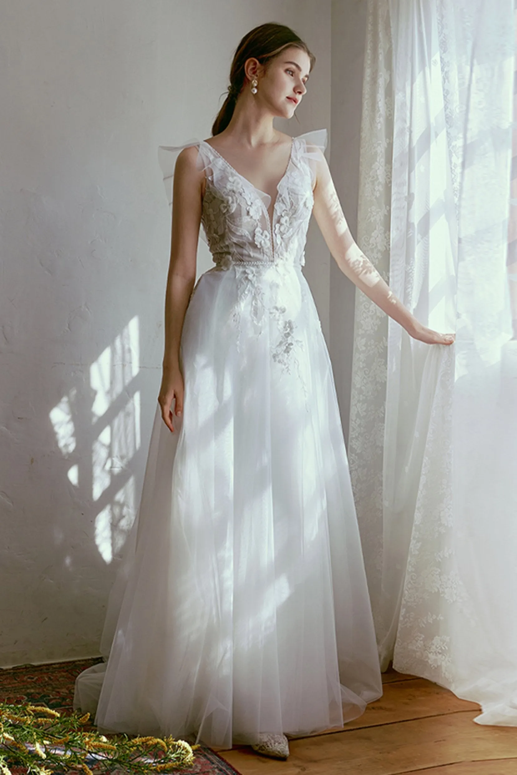 A-Line Floor Length Lace Tulle Wedding Dress CW2665 sold by Cocomelody product image thumbnail 5