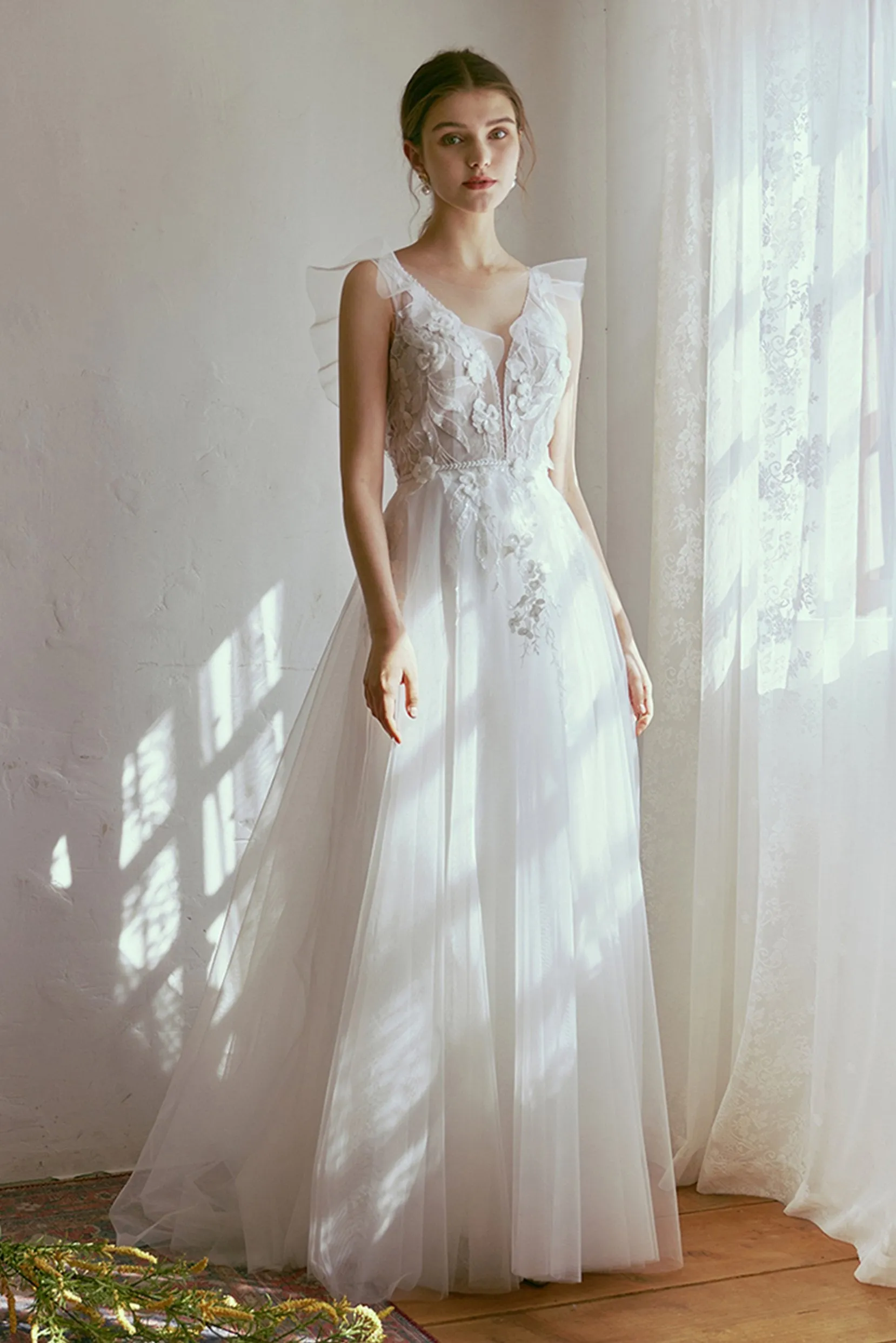 A-Line Floor Length Lace Tulle Wedding Dress CW2665 sold by Cocomelody product image thumbnail 4