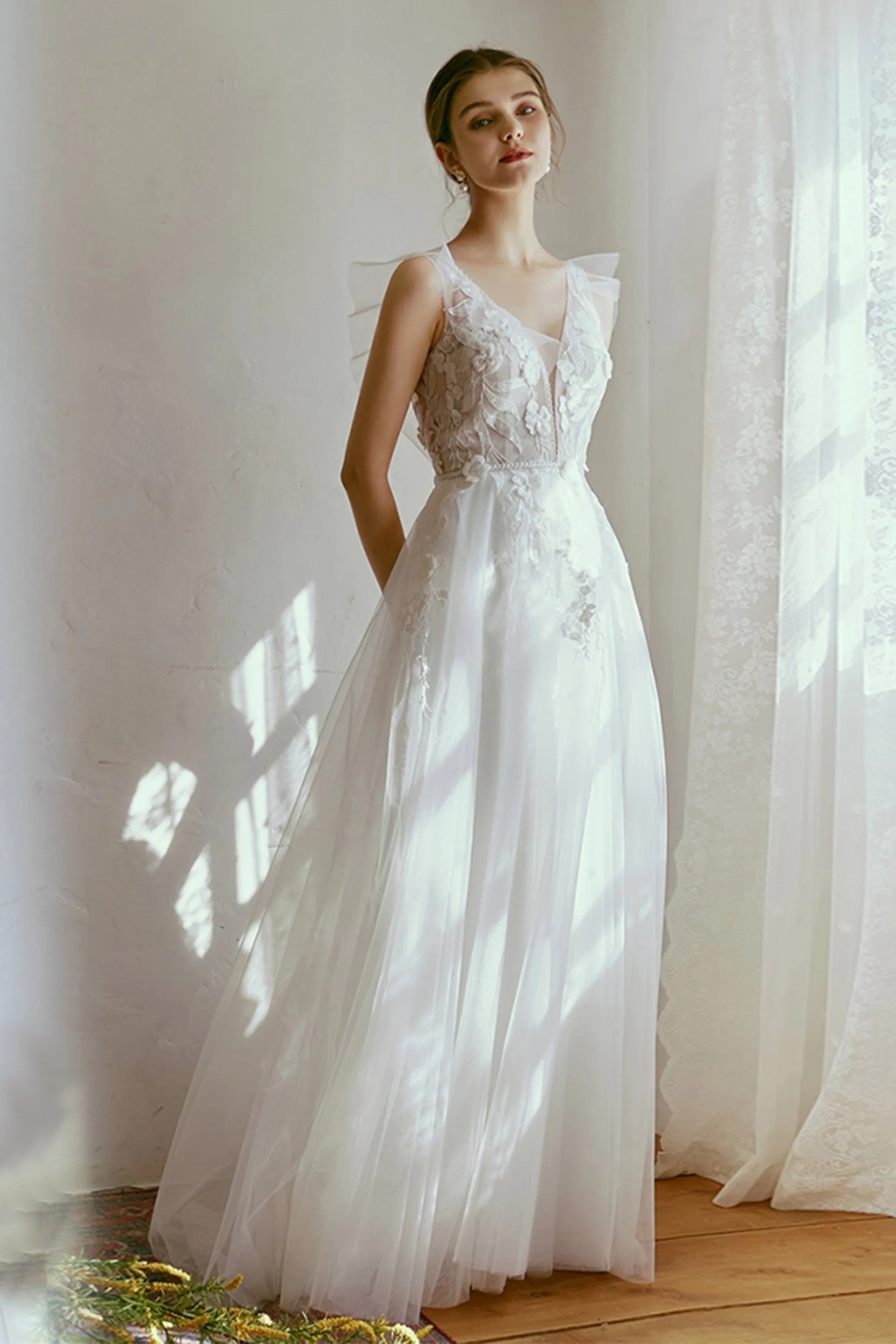 A-Line Floor Length Lace Tulle Wedding Dress CW2665 sold by Cocomelody product image thumbnail 3
