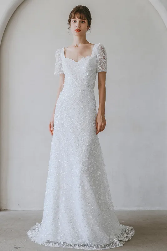Sheath-Column Sweep-Brush Train Lace Wedding Dress CW3057 sold by Cocomelody