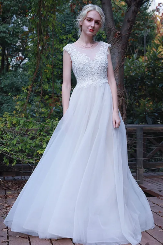 A-Line Sweep-Brush Train Lace Tulle Wedding Dress CW3017 sold by Cocomelody
