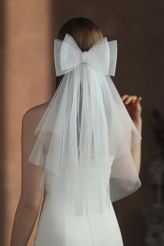 Two-tier Cut Edge Tulle Waist Veils with Bow CV0376 sold by Cocomelody