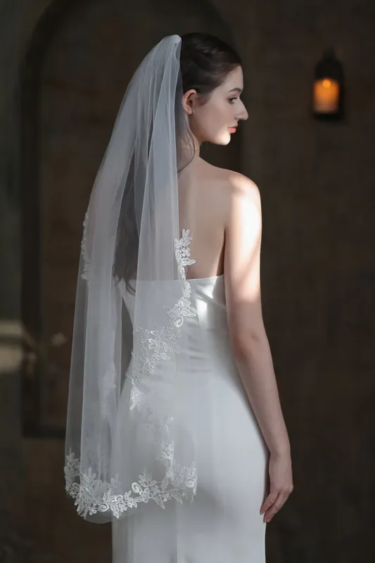 One-tier Lace Edge Tulle Hip Veils with Appliques CV0302 sold by Cocomelody