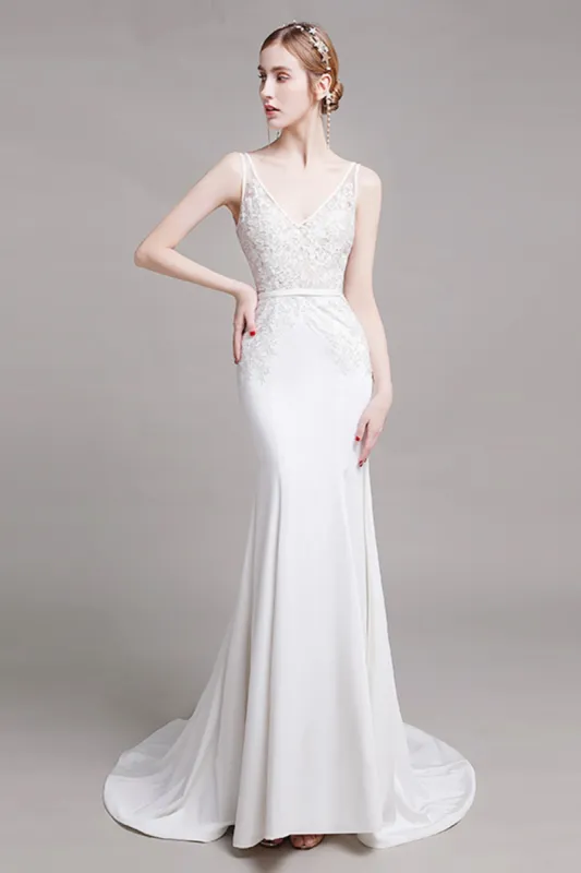 Mermaid Sweep Train Lace Stretch Satin Wedding Dress CW2762 sold by Cocomelody