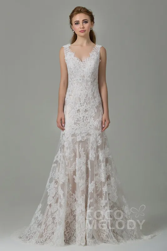 Sheath-Column Sweep-Brush Train Lace Wedding Dress CWXT14061 sold by Cocomelody
