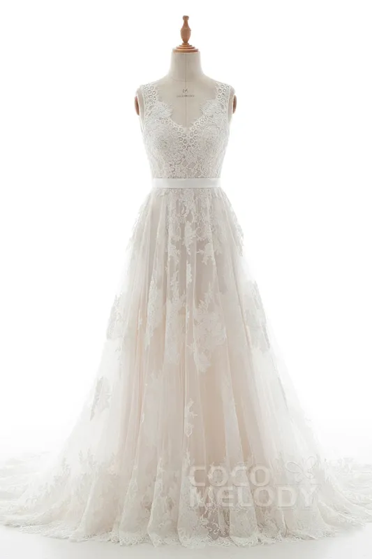 A-Line Court Train Tulle Lace and Satin Wedding Dress LD5039 sold by Cocomelody