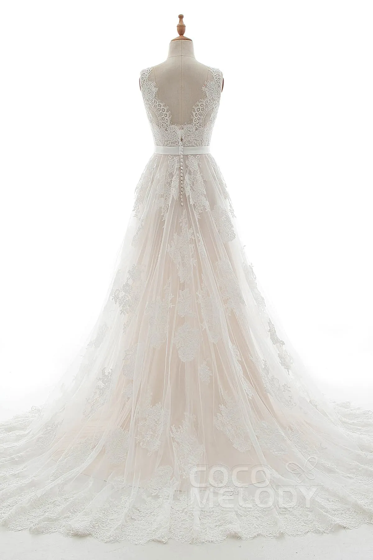 A-Line Court Train Tulle Lace and Satin Wedding Dress LD5039 sold by Cocomelody product image thumbnail 2