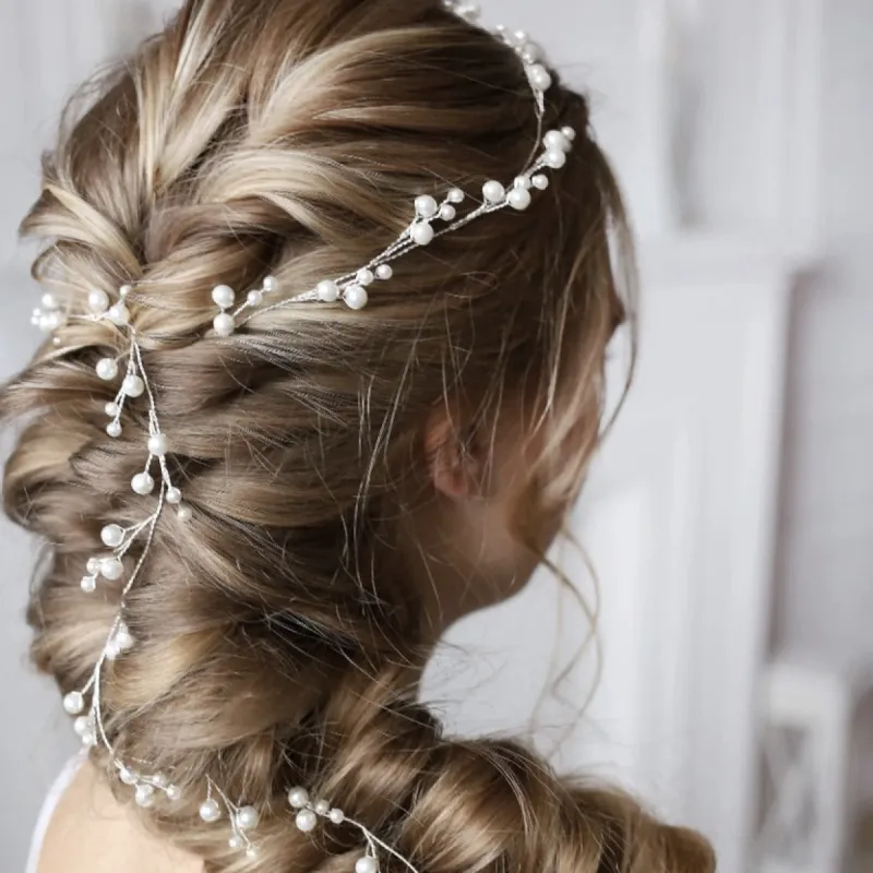 Bride wedding headwear 1 meter long pearl copper hair chain handmade hair accessories 782453848826 sold by Cocomelody