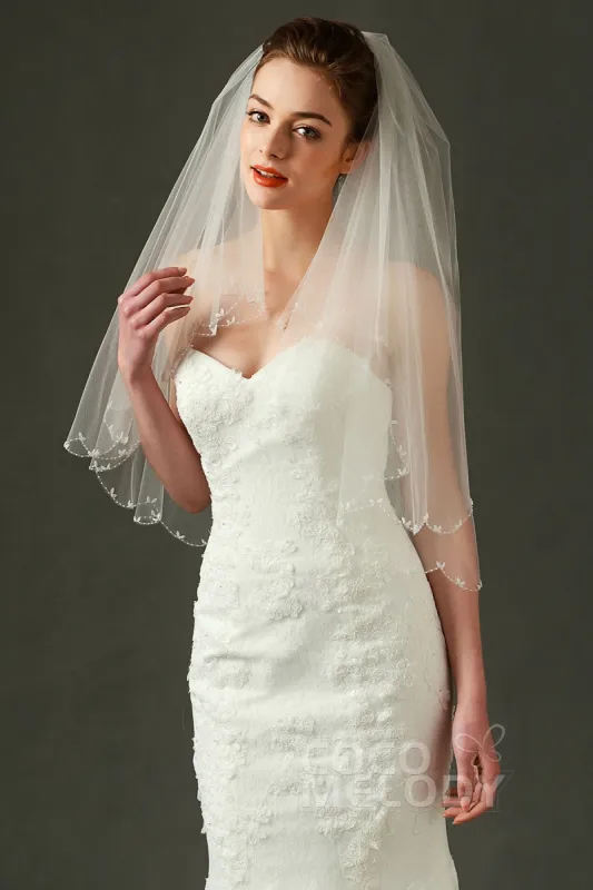 Two-tier Beaded Edge Tulle Elbow Veils with Beading AV160018 sold by Cocomelody