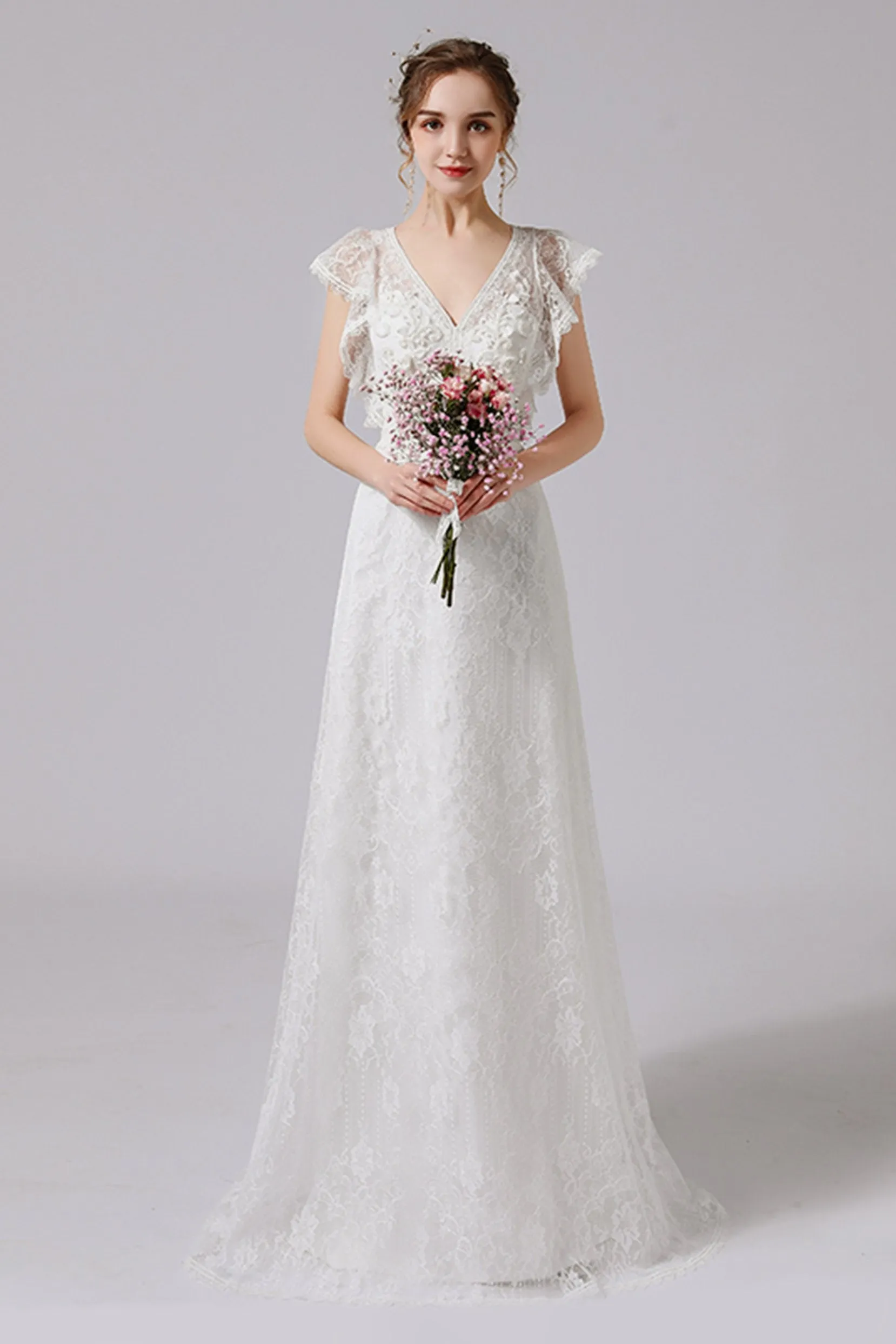 A-Line Floor Length Lace Tulle Wedding Dress CW2708 sold by Cocomelody product image thumbnail 3