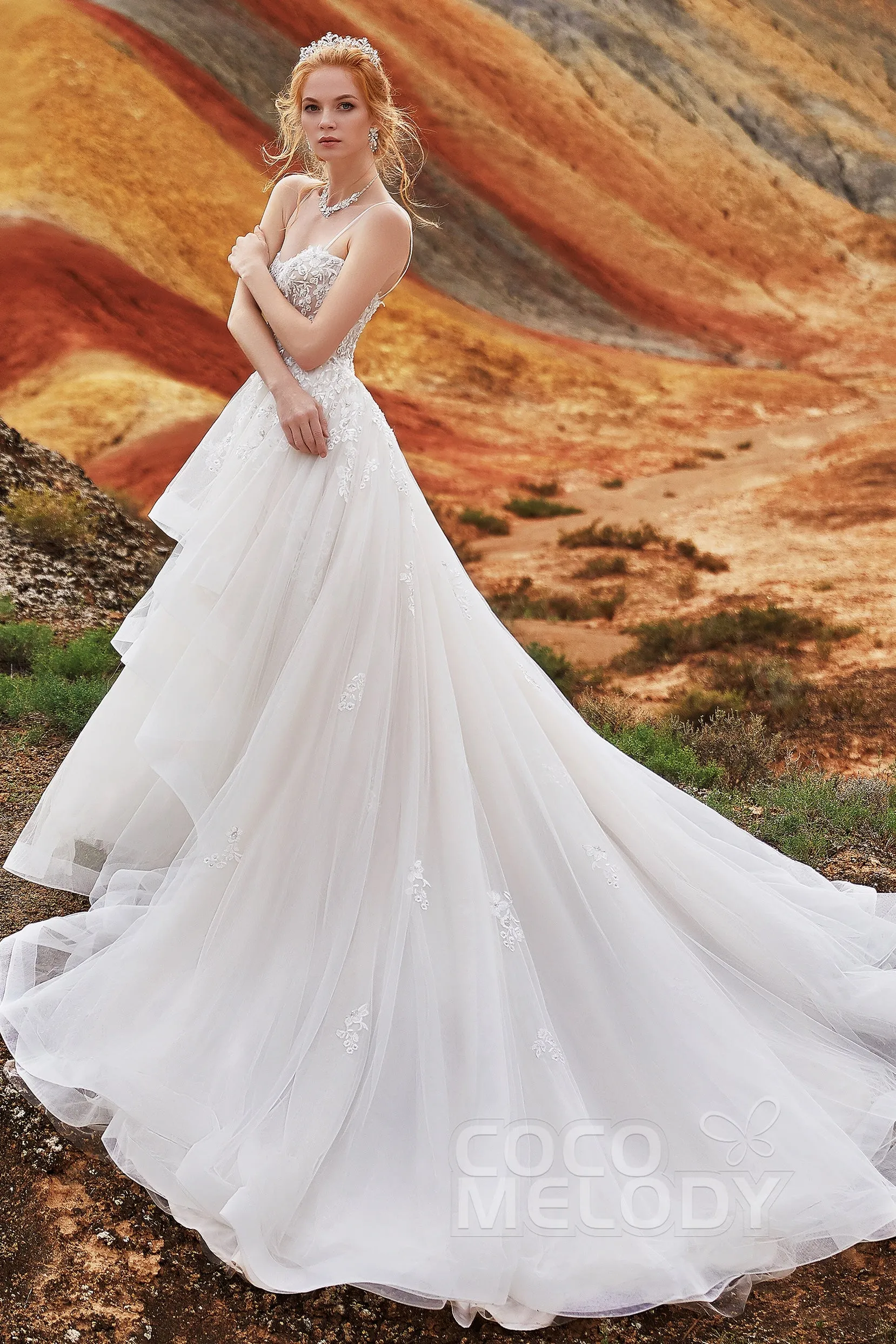 A-Line Chapel Train Tulle and Lace Wedding Dress LD5814 sold by Cocomelody