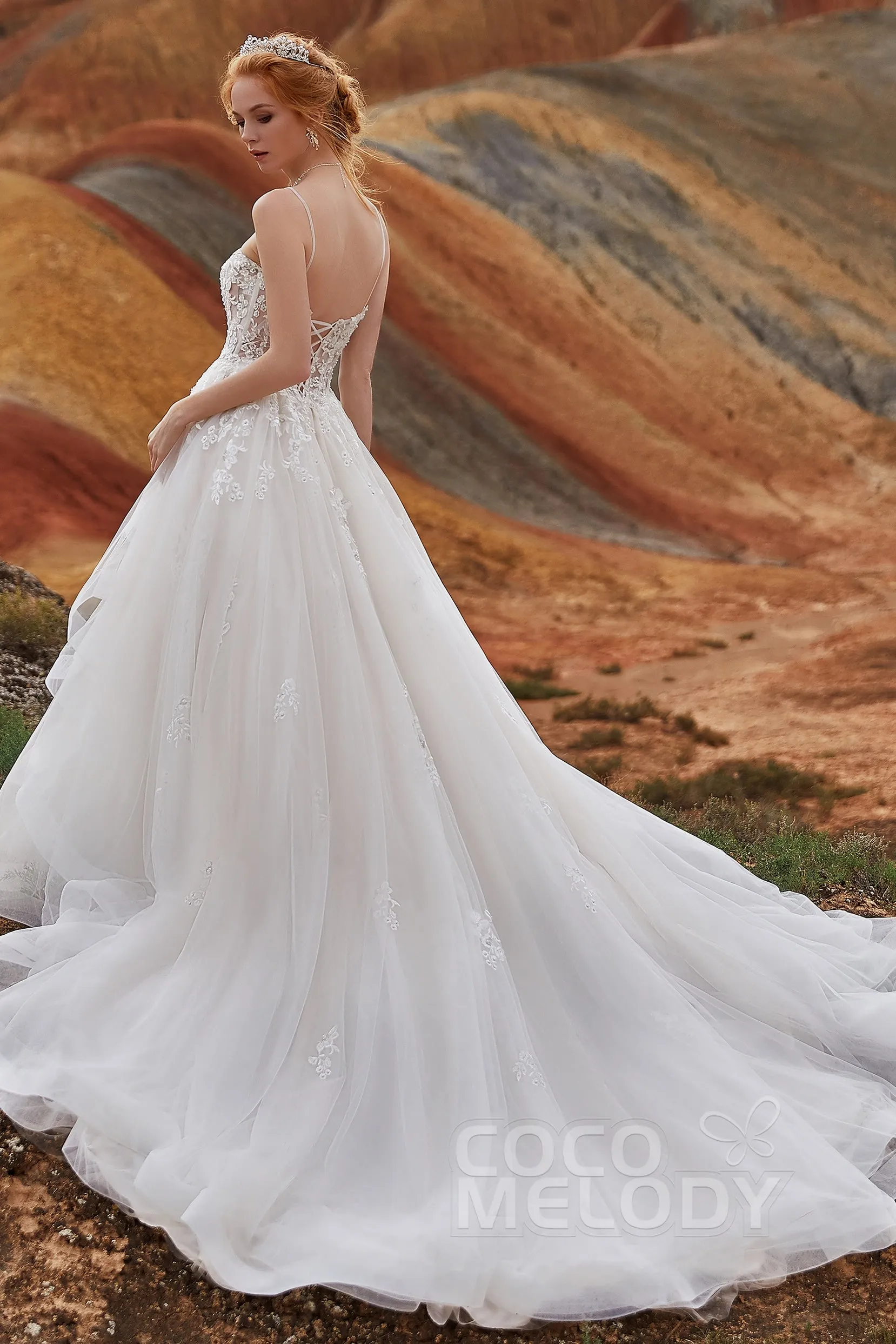 A-Line Chapel Train Tulle and Lace Wedding Dress LD5814 sold by Cocomelody product image thumbnail 2