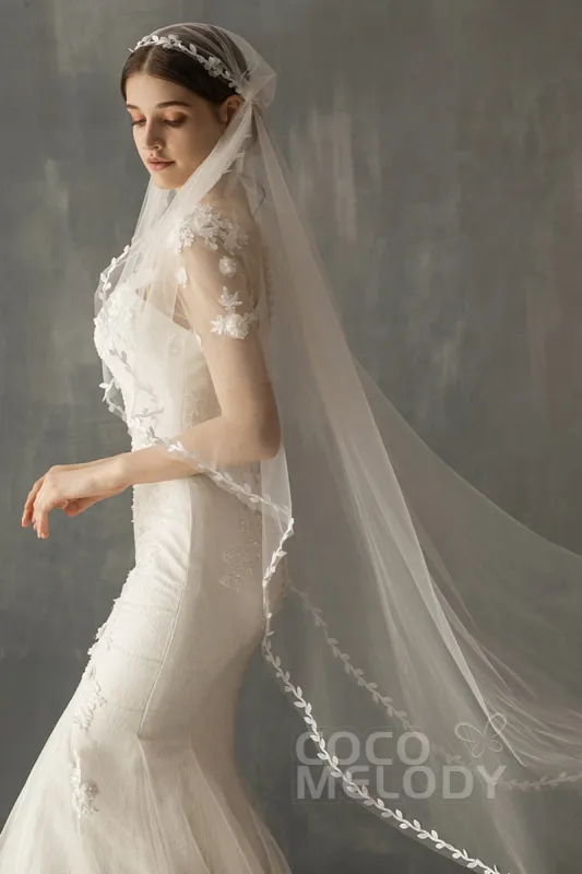 One-tier Lace Edge Voile Tea Veils with Appliques CV0222 sold by Cocomelody