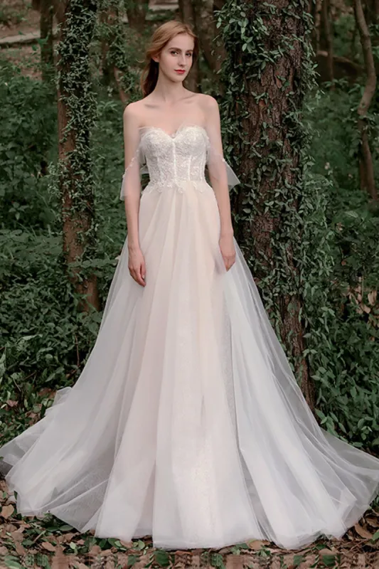 A-Line Sweep-Brush Train Lace Tulle Wedding Dress CW2759 sold by Cocomelody