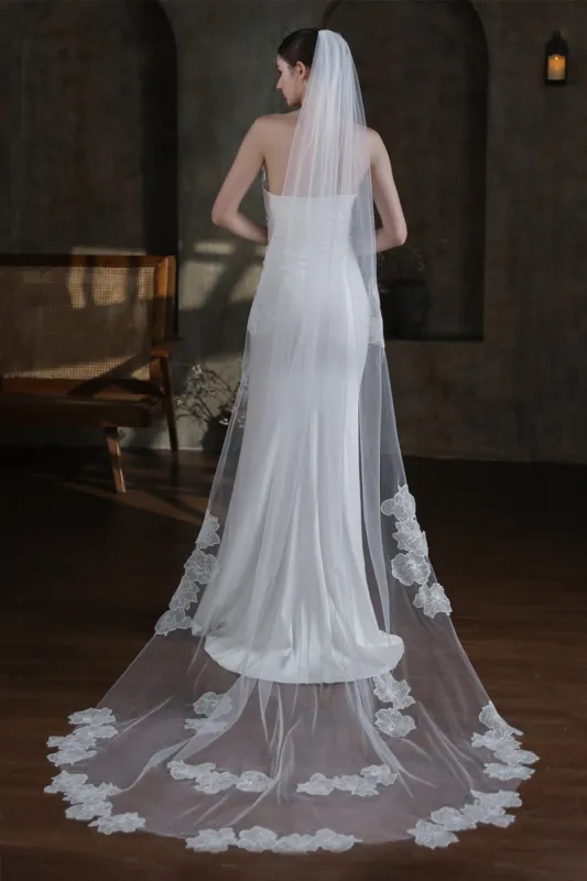 One-tier Lace Edge Tulle Lace Cathedral Veils with Appliques CV0367 sold by Cocomelody