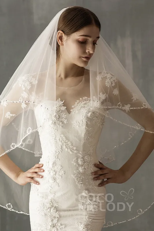 Two-tier Beaded Edge Tulle Hip Veils with Beading CV0224 sold by Cocomelody