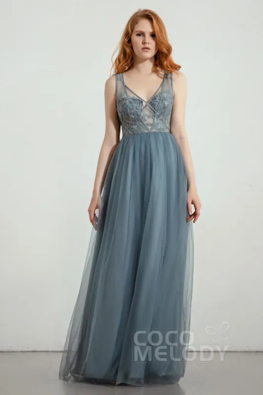 A-Line Floor Length Tulle Lace Bridesmaid Dress CB0436 sold by Cocomelody