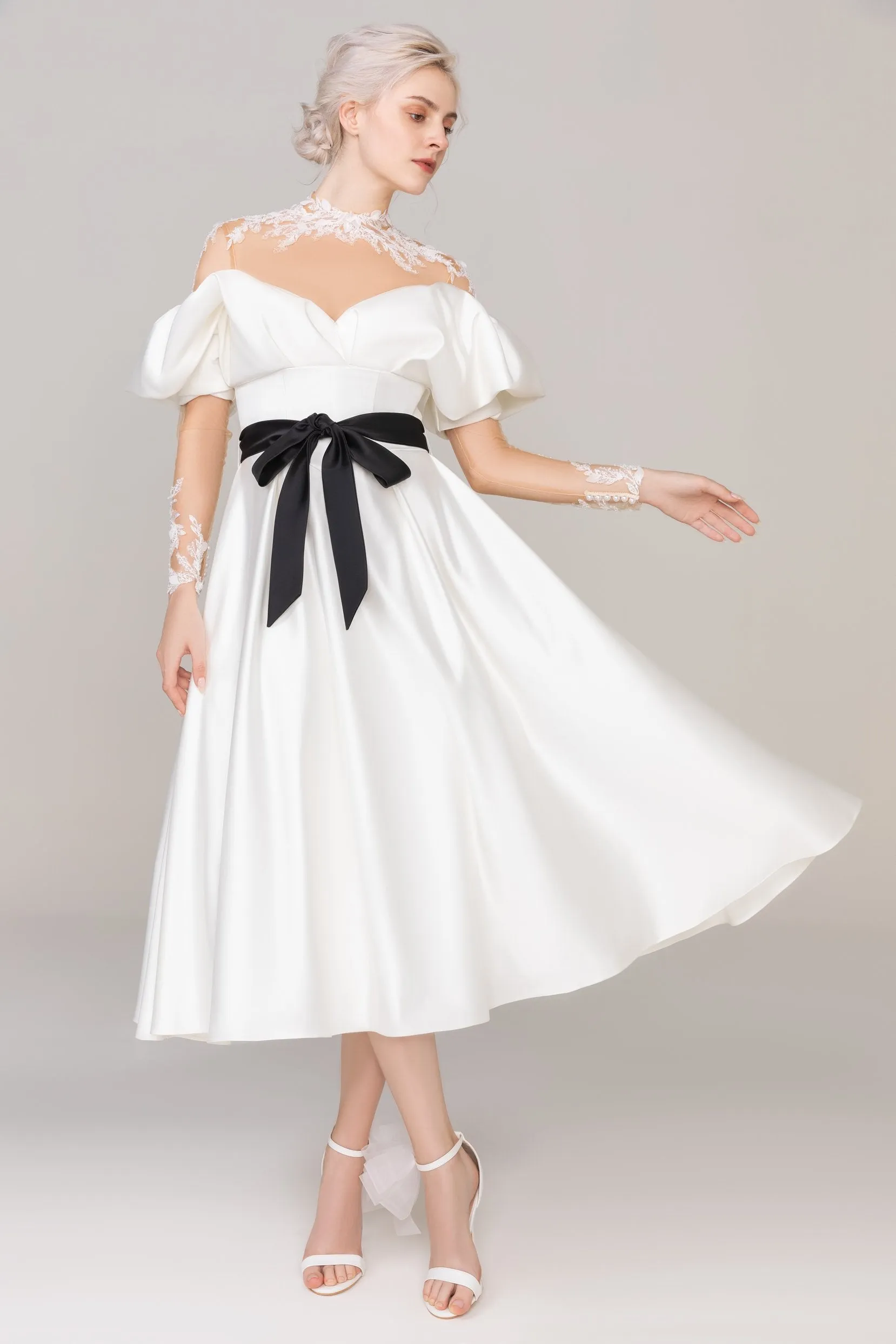 A-Line Tea Length Satin Tulle Wedding Dress CW2459 sold by Cocomelody