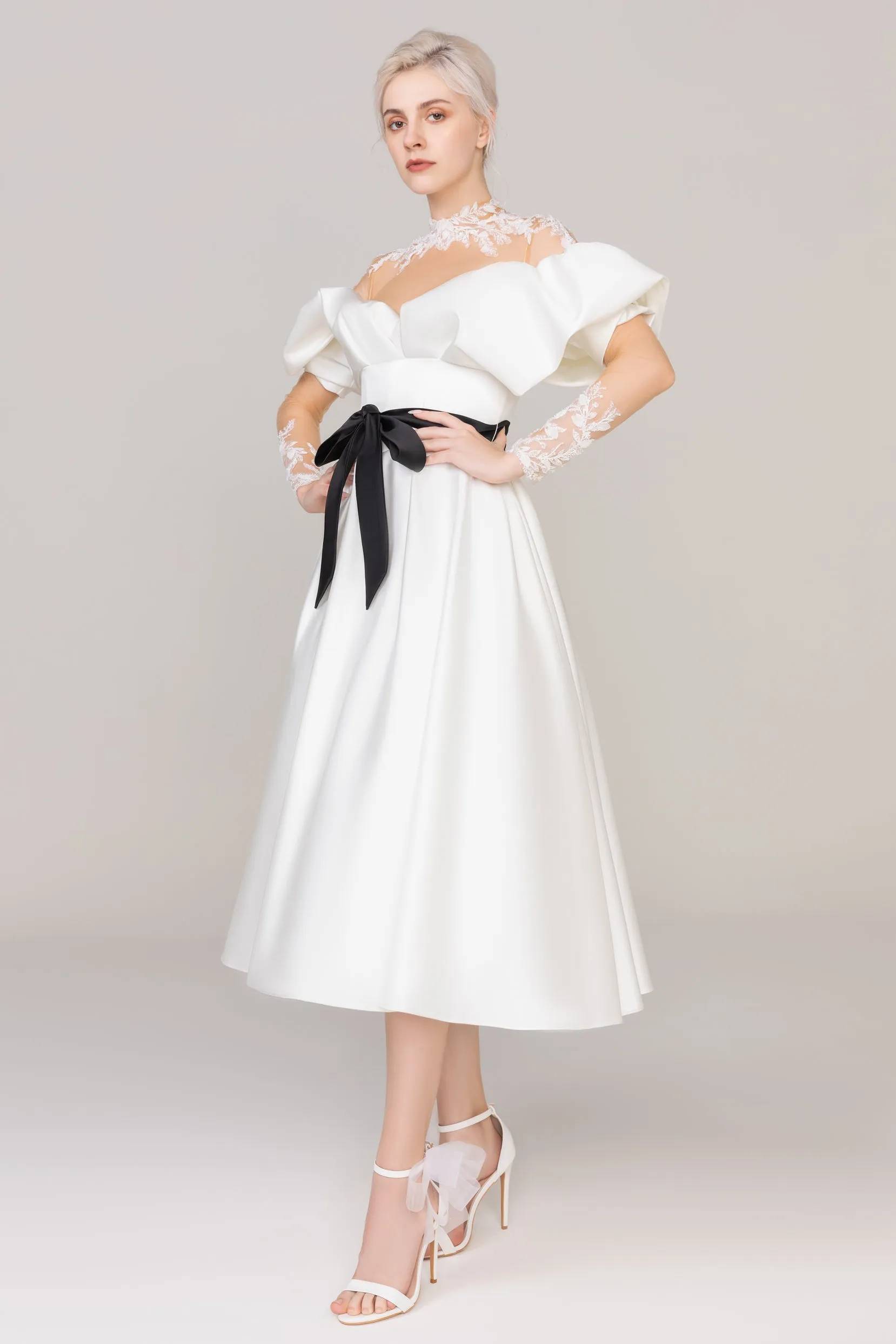 A-Line Tea Length Satin Tulle Wedding Dress CW2459 sold by Cocomelody product image thumbnail 5