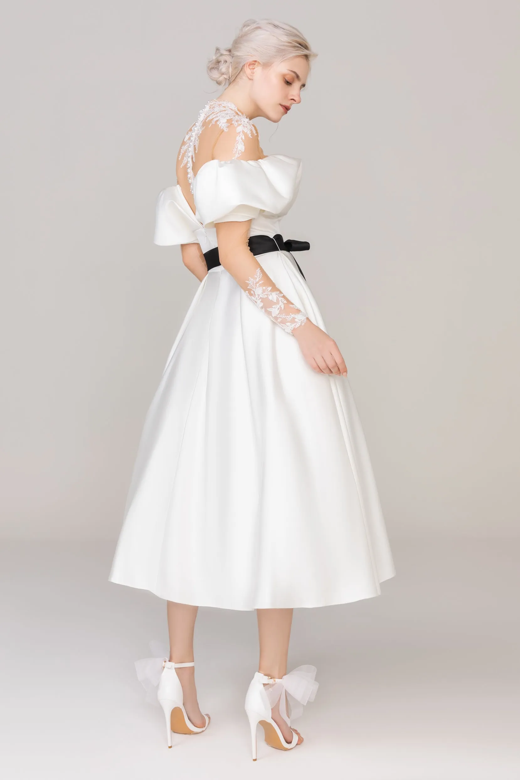 A-Line Tea Length Satin Tulle Wedding Dress CW2459 sold by Cocomelody product image thumbnail 4