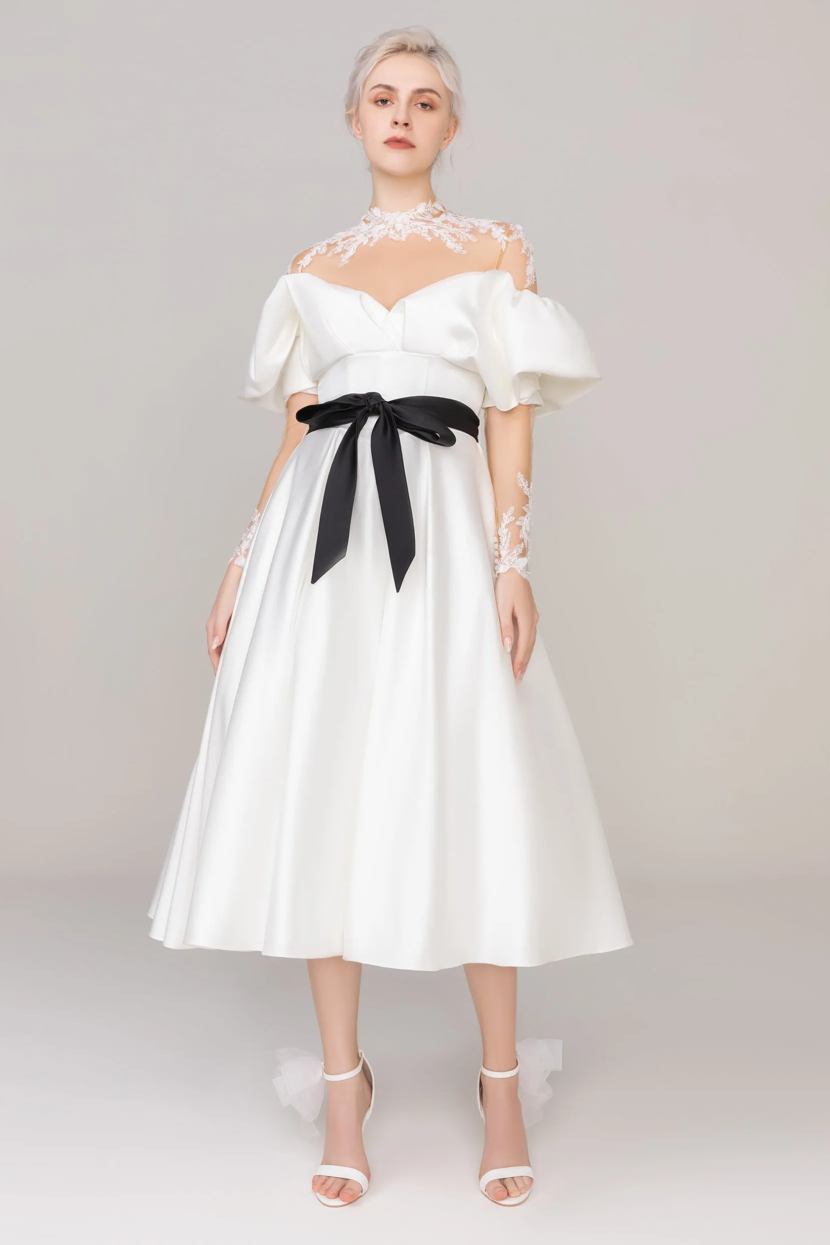 A-Line Tea Length Satin Tulle Wedding Dress CW2459 sold by Cocomelody product image thumbnail 3