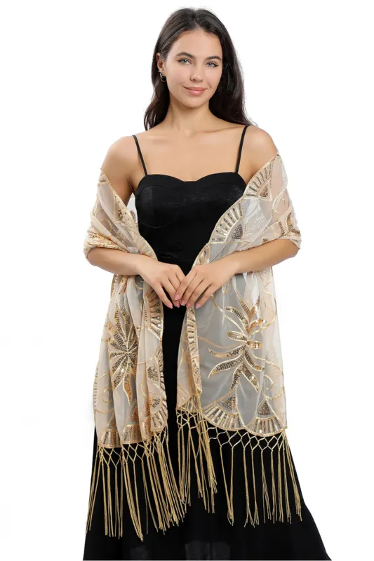 Lace Shawl with Tassels Sequined CJ0138 sold by Cocomelody
