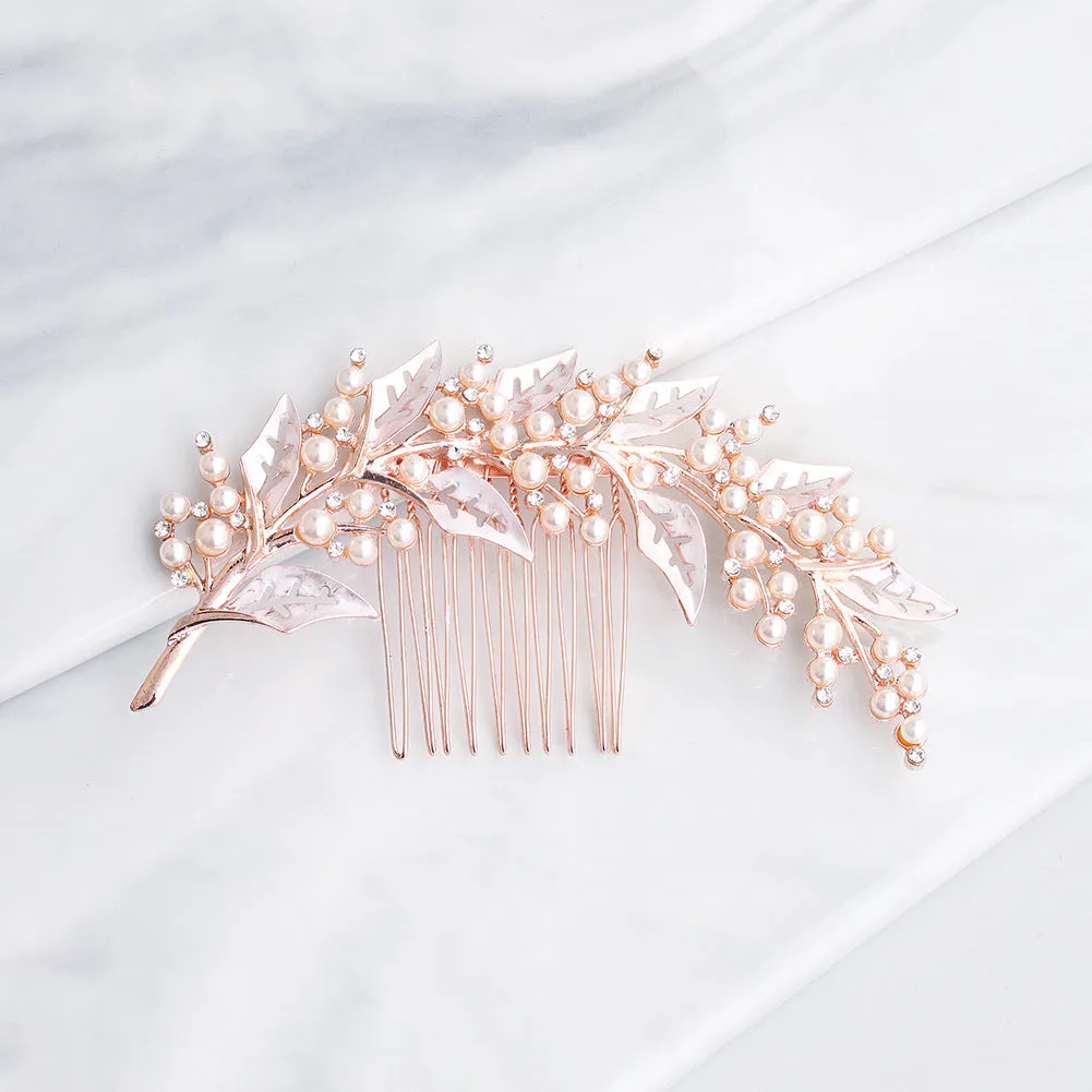 INS style bridal bridal headpiece alloy hollow leaf hair comb Pearl rhinestone disc hair insert comb 597016876018 sold by Cocomelody product image thumbnail 5