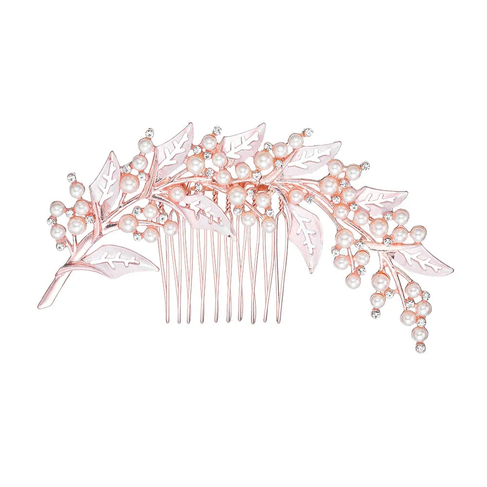 INS style bridal bridal headpiece alloy hollow leaf hair comb Pearl rhinestone disc hair insert comb 597016876018 sold by Cocomelody