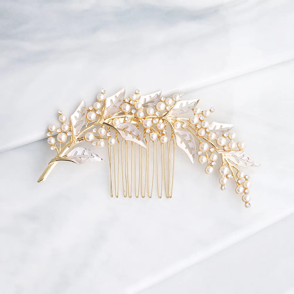 INS style bridal bridal headpiece alloy hollow leaf hair comb Pearl rhinestone disc hair insert comb 597016876018 sold by Cocomelody product image thumbnail 3