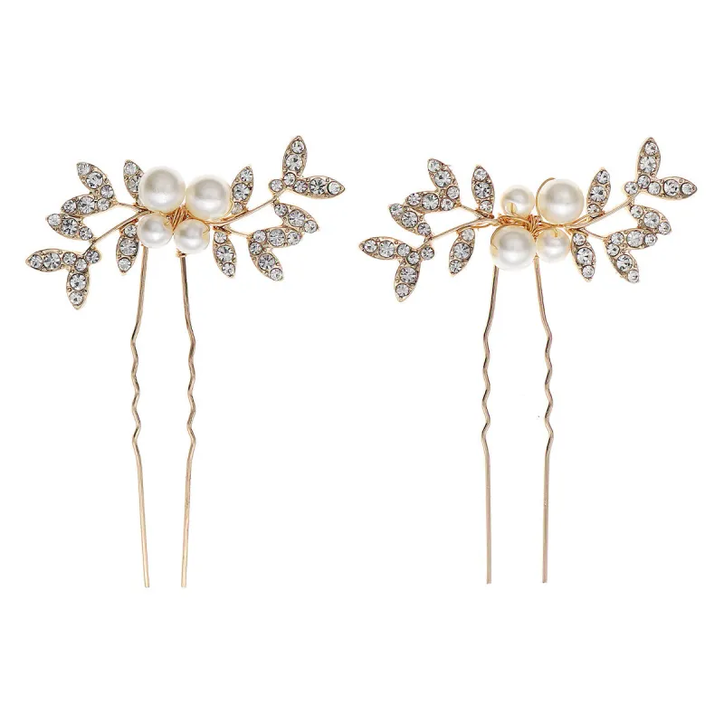 Rhinestone pearl leaf hairpin Bride headdress U-pin hairpin 773672582229 sold by Cocomelody