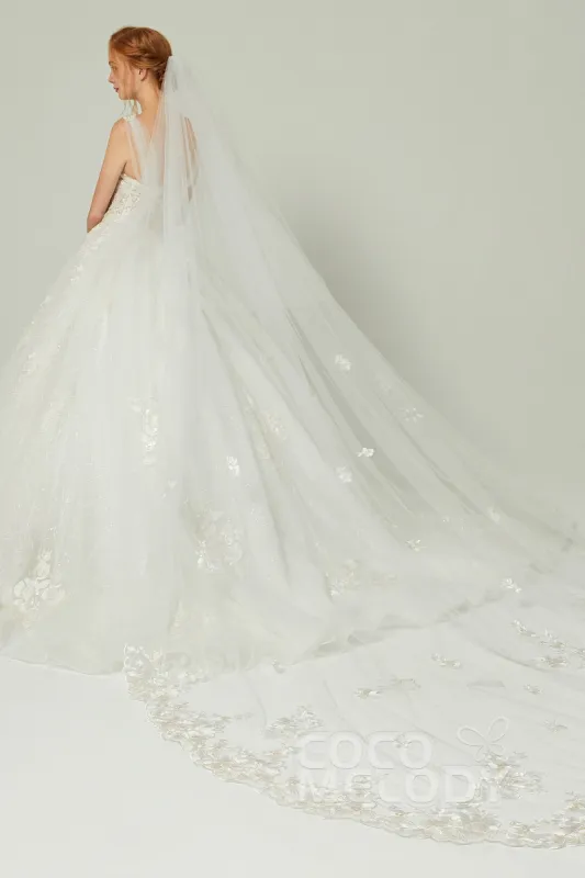 Two-tier Lace Edge Tulle Chapel Veils with Appliques AV18019 sold by Cocomelody