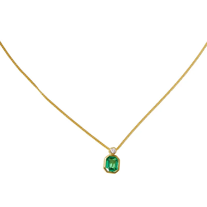 Octagonal Green Jewel Necklace S925 silver gold plated square emerald clavicle chain  680207180457 sold by Cocomelody