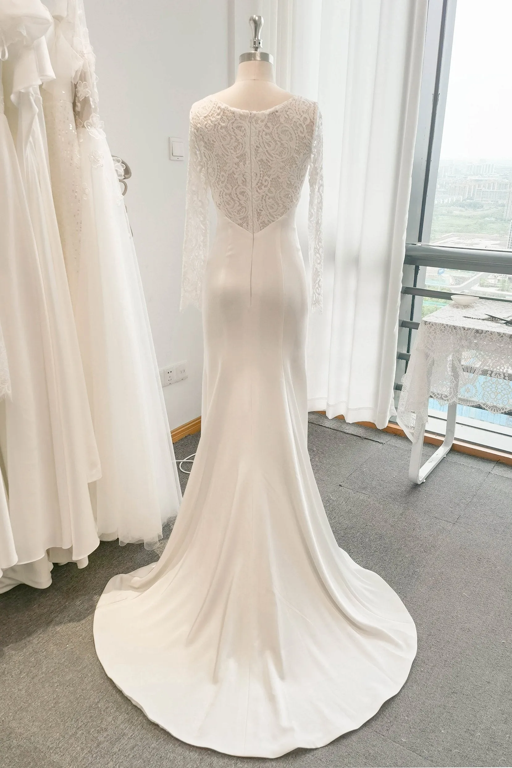 Trumpet Sweep-Brush Train Lace Satin Wedding Dress CW3110CR sold by Cocomelody product image thumbnail 2