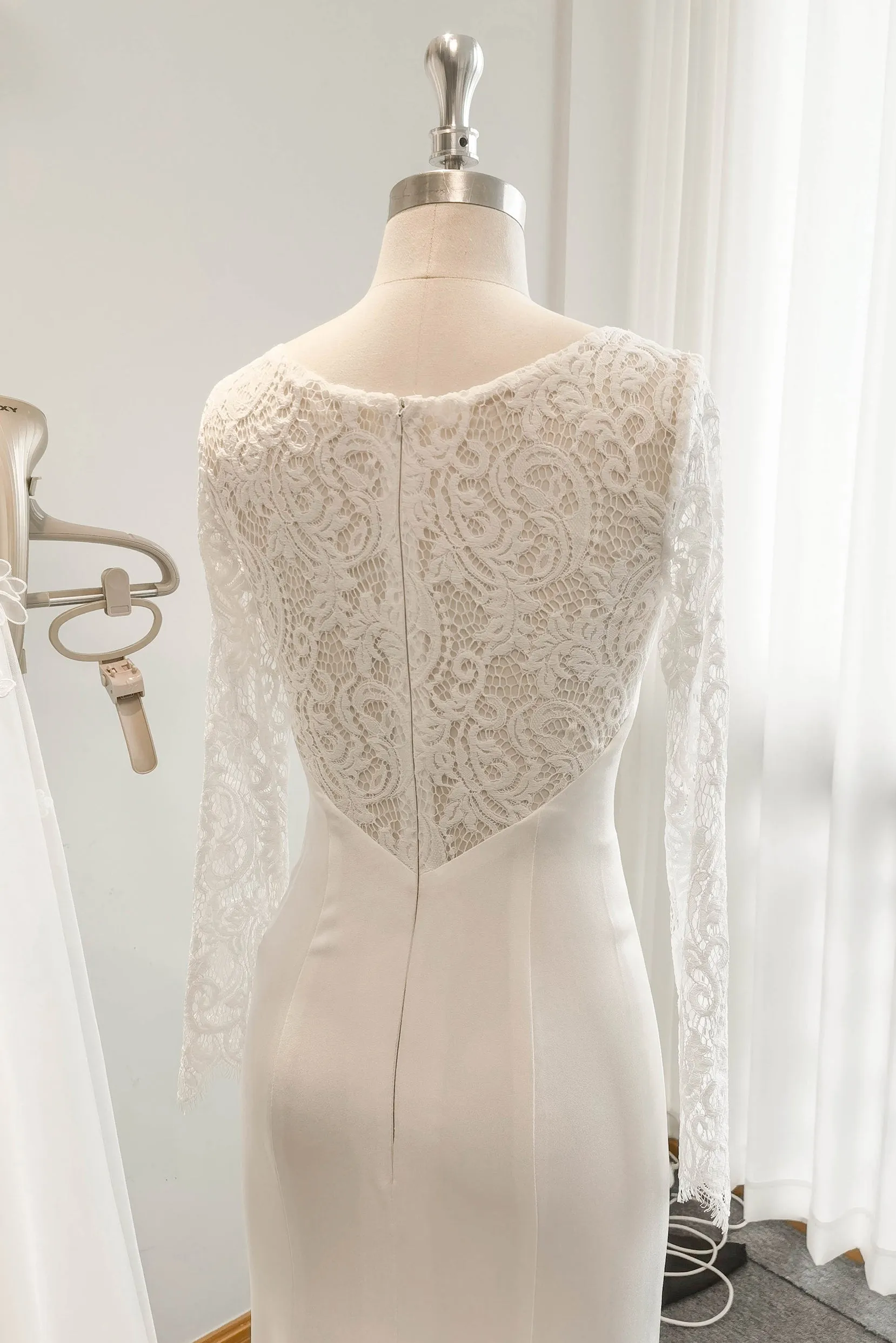 Trumpet Sweep-Brush Train Lace Satin Wedding Dress CW3110CR sold by Cocomelody product image thumbnail 4