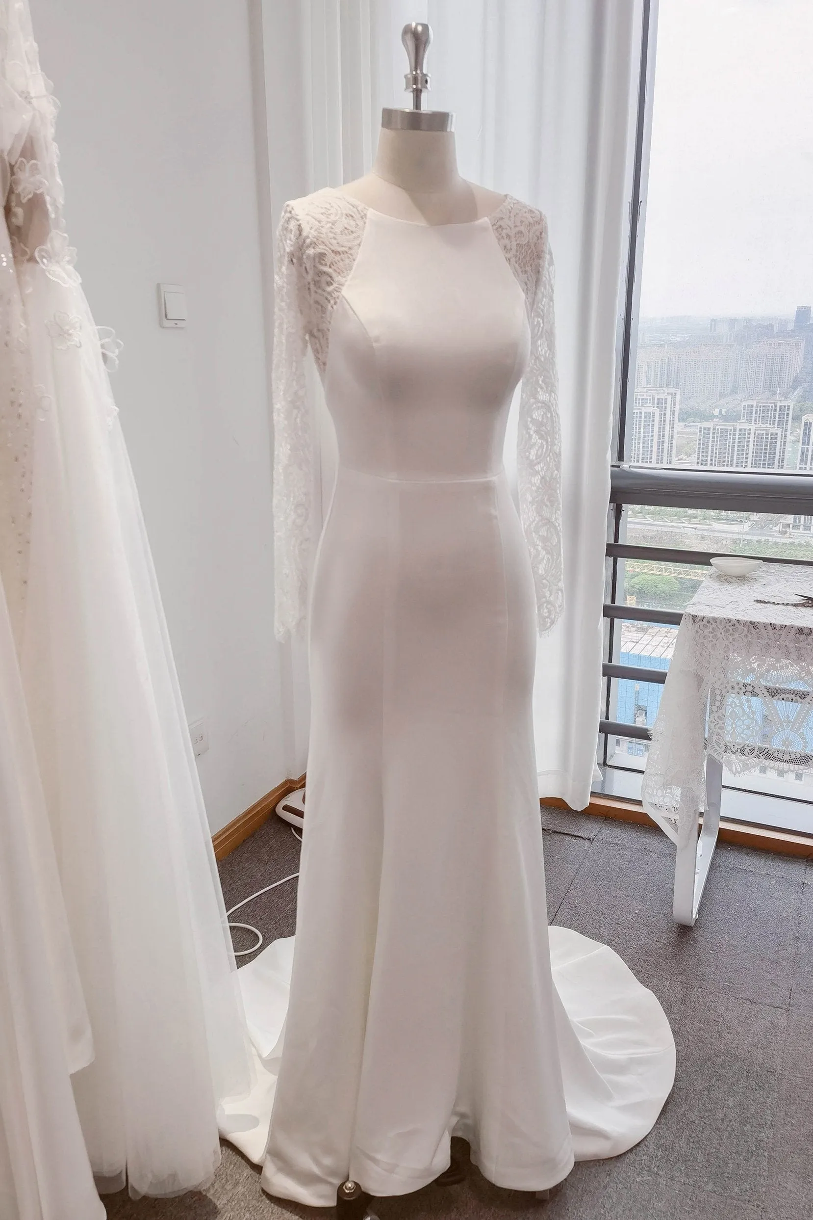 Trumpet Sweep-Brush Train Lace Satin Wedding Dress CW3110CR sold by Cocomelody