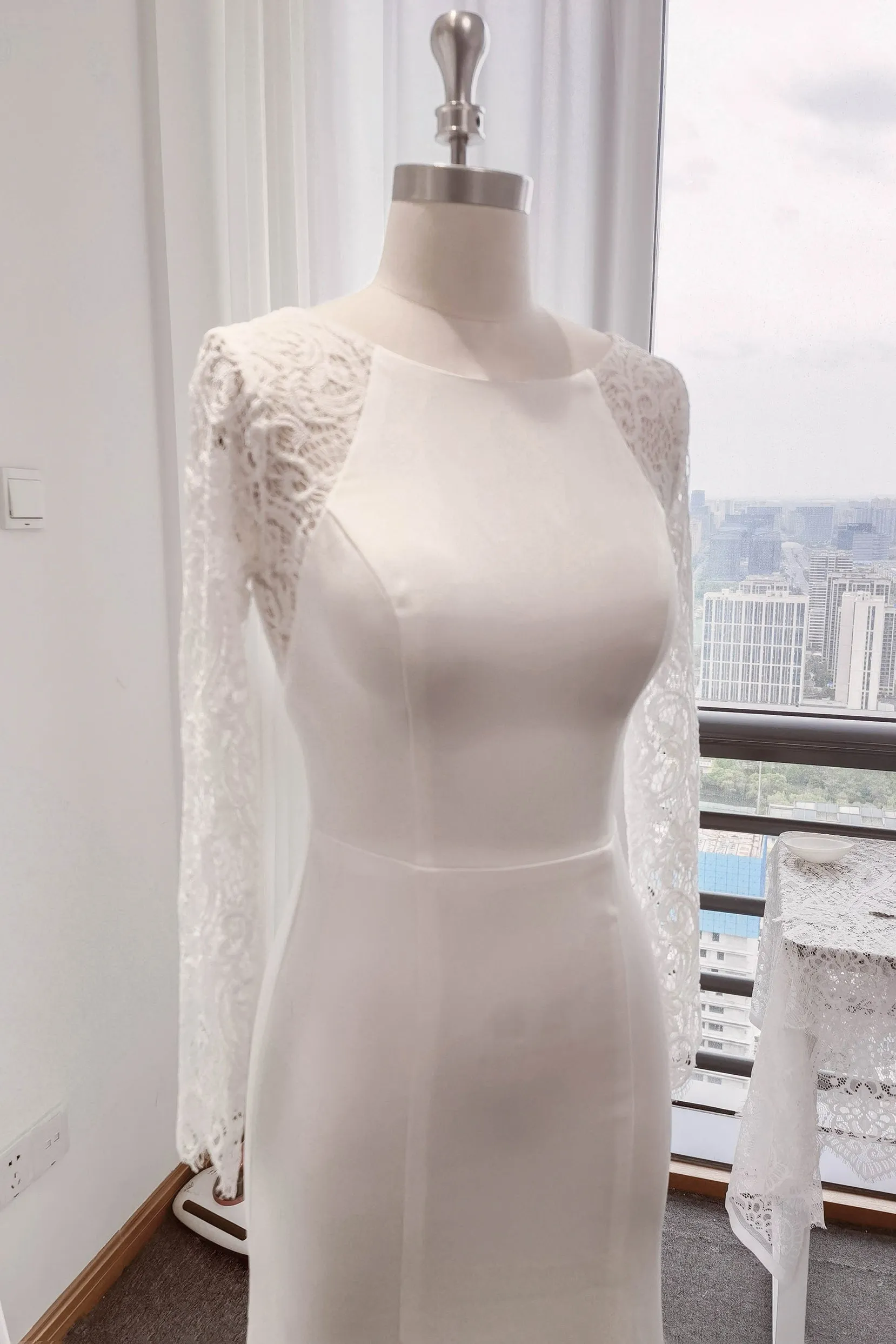 Trumpet Sweep-Brush Train Lace Satin Wedding Dress CW3110CR sold by Cocomelody product image thumbnail 3