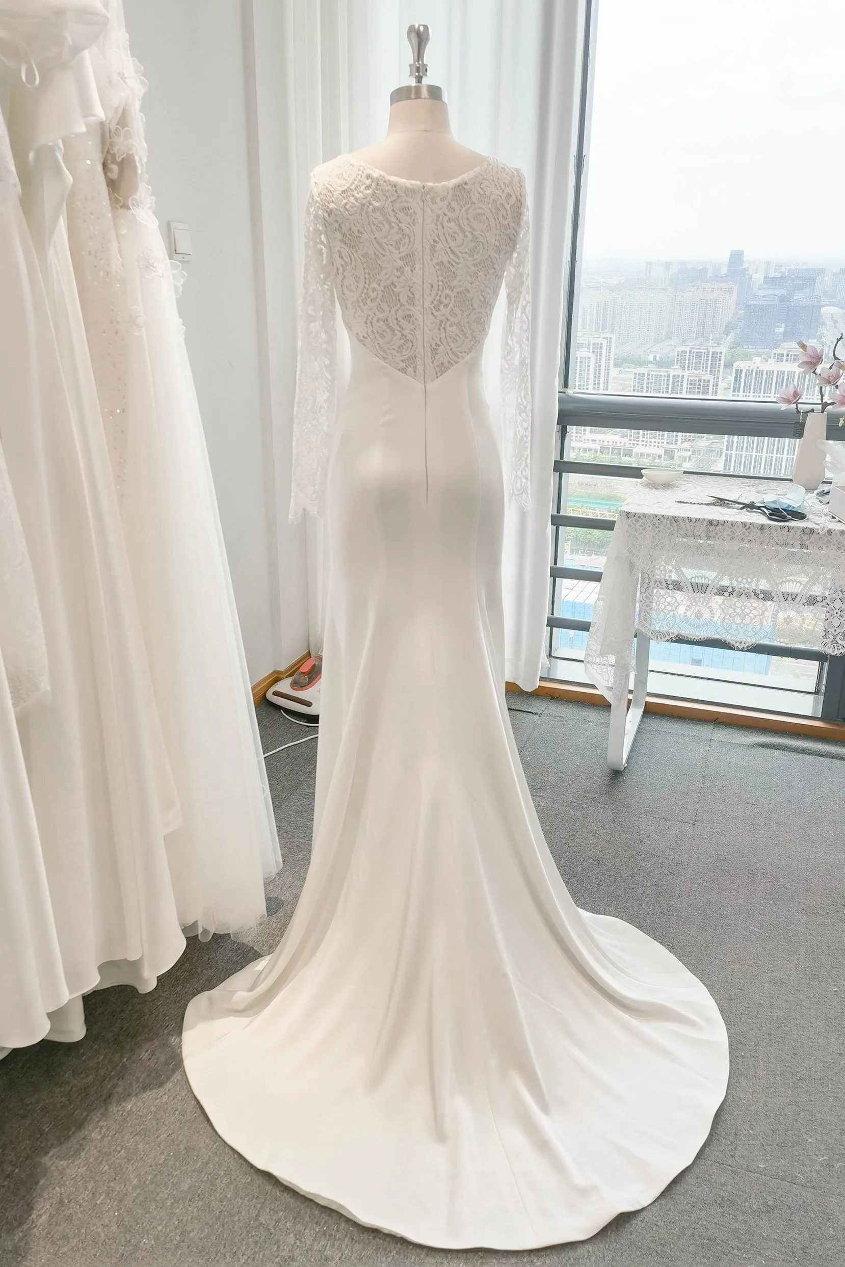 Trumpet Sweep-Brush Train Lace Satin Wedding Dress CW3110CR sold by Cocomelody product image thumbnail 5