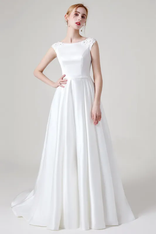 A-Line Sweep-Brush Train Satin Wedding Dress CW2959CR sold by Cocomelody