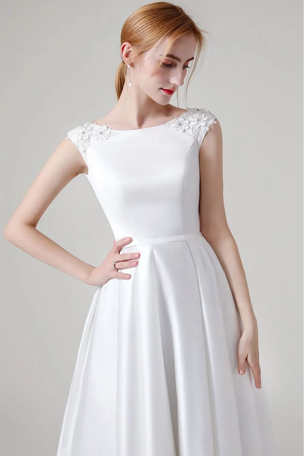 A-Line Sweep-Brush Train Satin Wedding Dress CW2959CR sold by Cocomelody product image thumbnail 4