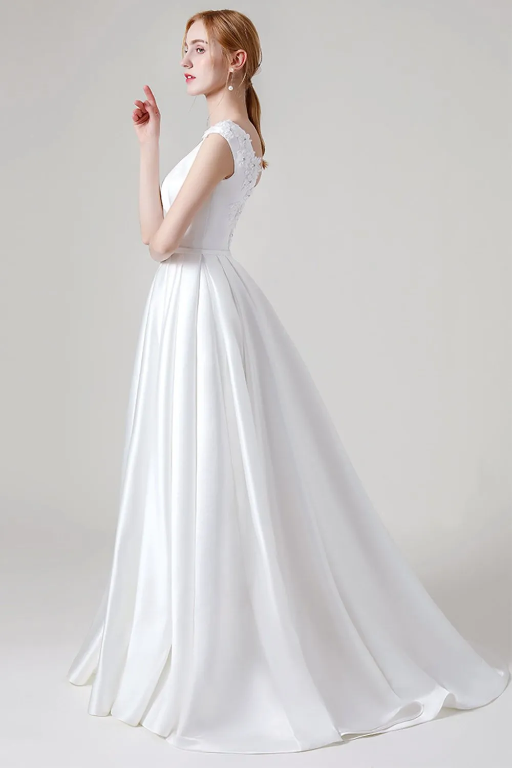 A-Line Sweep-Brush Train Satin Wedding Dress CW2959CR sold by Cocomelody product image thumbnail 3