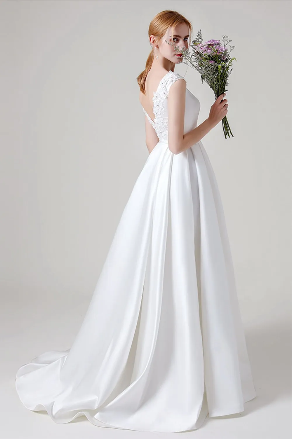 A-Line Sweep-Brush Train Satin Wedding Dress CW2959CR sold by Cocomelody product image thumbnail 2