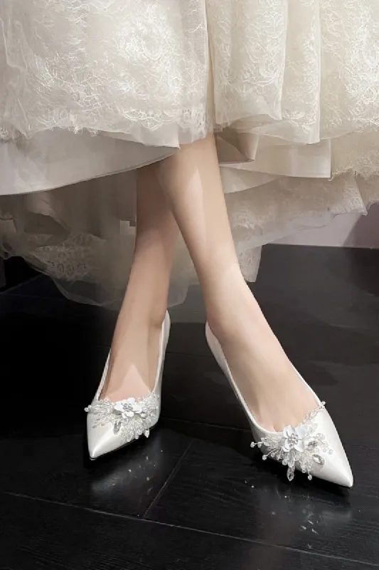 White Satin Crystal  Pointy Stiletto  Heels 799105157591 sold by Cocomelody