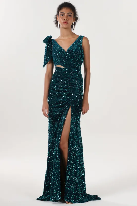 Sheath-Column Sweep-Brush Train Velvet Sequin Formal Dress CS0633 sold by Cocomelody