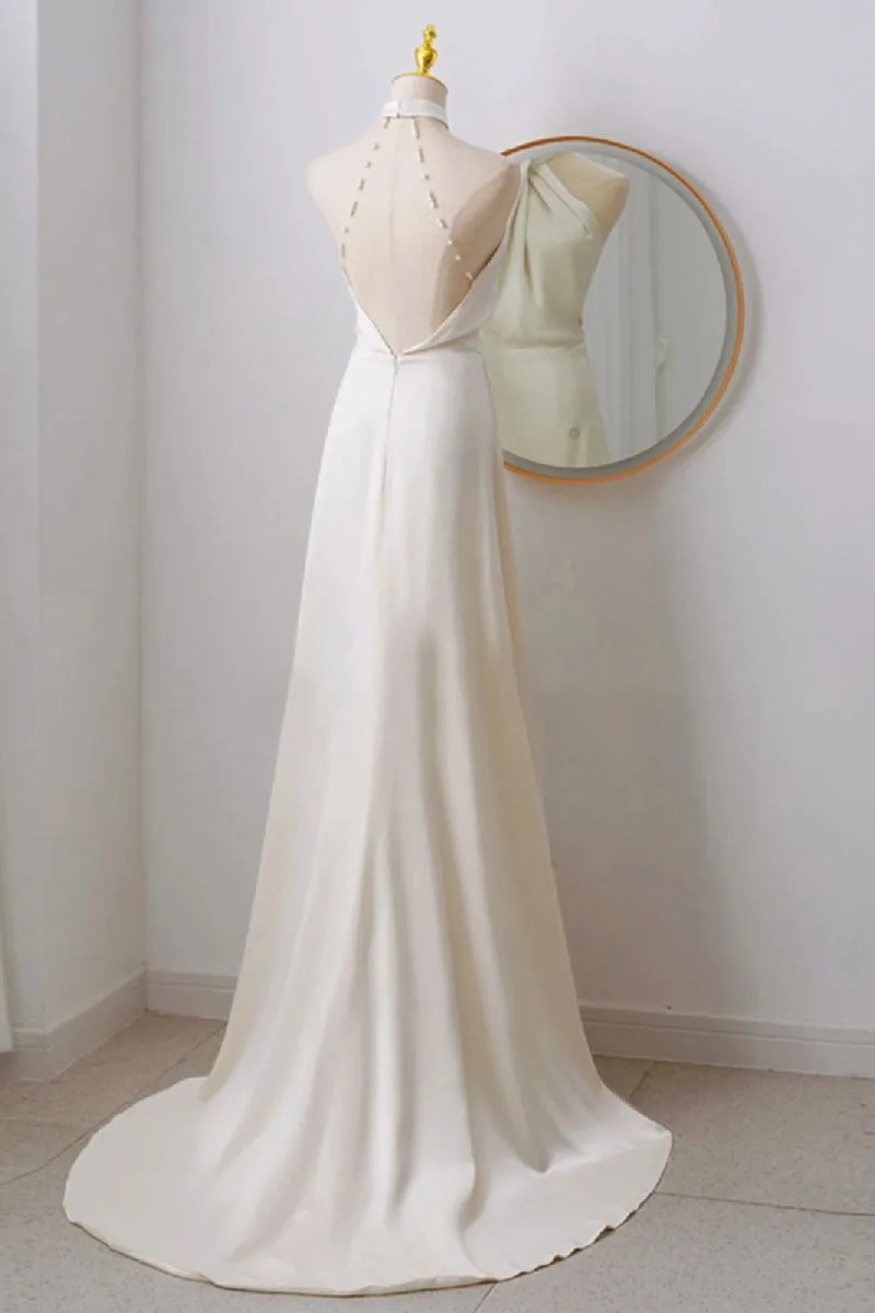 A-Line Sweep-Brush Train Satin Wedding Dress 735511460121 sold by Cocomelody product image thumbnail 2