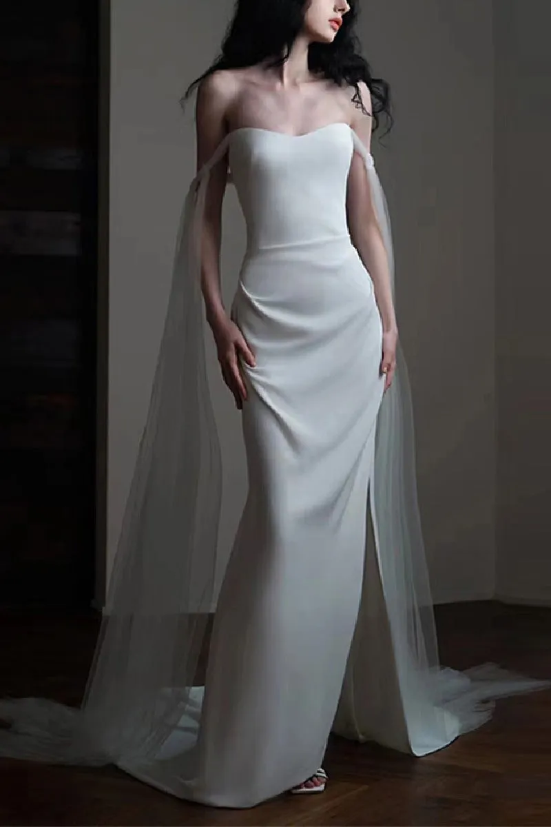 Sheath-Column Sweep-Brush Train Satin Wedding Dress 744497657577 sold by Cocomelody product image thumbnail 4