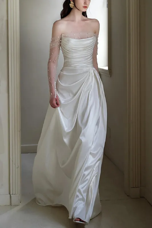 A-Line Sweep-Brush Train Satin Wedding Dress 837164627811 sold by Cocomelody