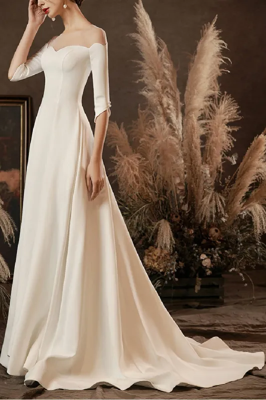 A-Line Sweep-Brush Train Satin Wedding Dress 654904974053 sold by Cocomelody